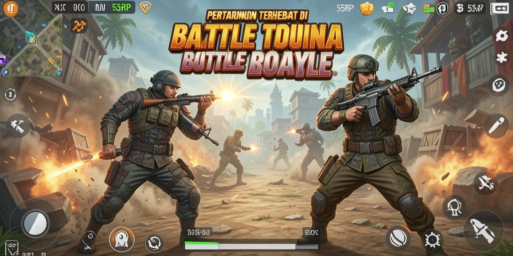 Tampilan gameplay 55RP menegangkan dalam arena Battle Royale.