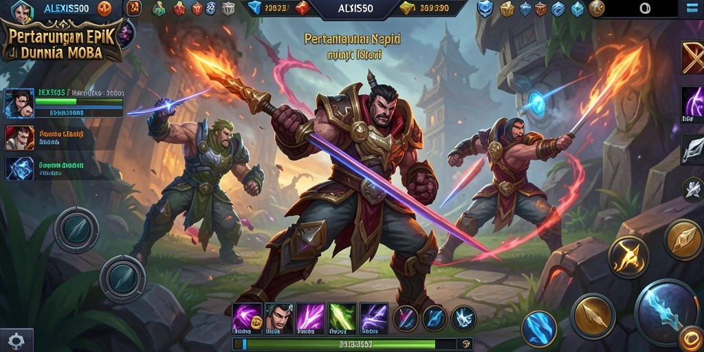 Screenshot ALEXIS500 menampilkan aksi seru dalam pertempuran MOBA.
