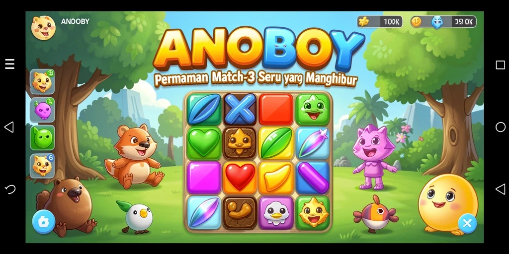 Tampilan gameplay menarik ANOBOY dengan bola warna-warni yang seru.