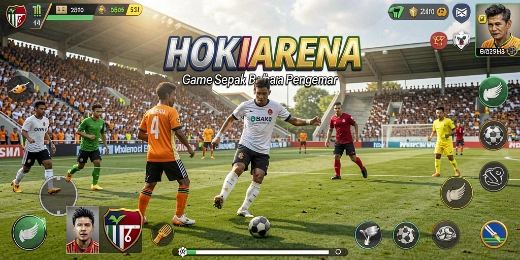 Screenshot HOKIARENA menampilkan aksi seru di lapangan sepak bola.