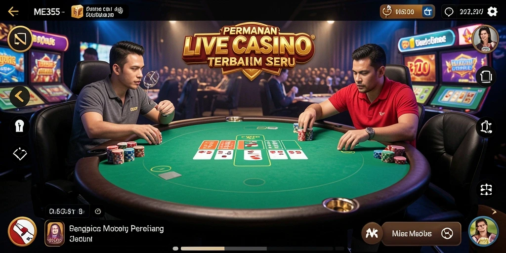 Tangkapan layar gameplay ME355 menunjukkan dealer langsung dan suasana kasino yang mengasyikkan.