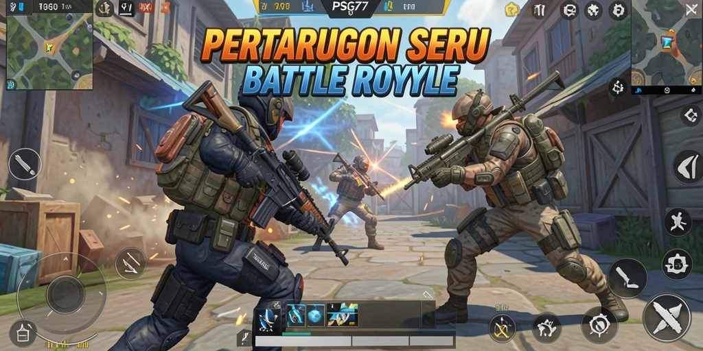 Tampilan gameplay seru dalam pertarungan Battle Royale yang intens.