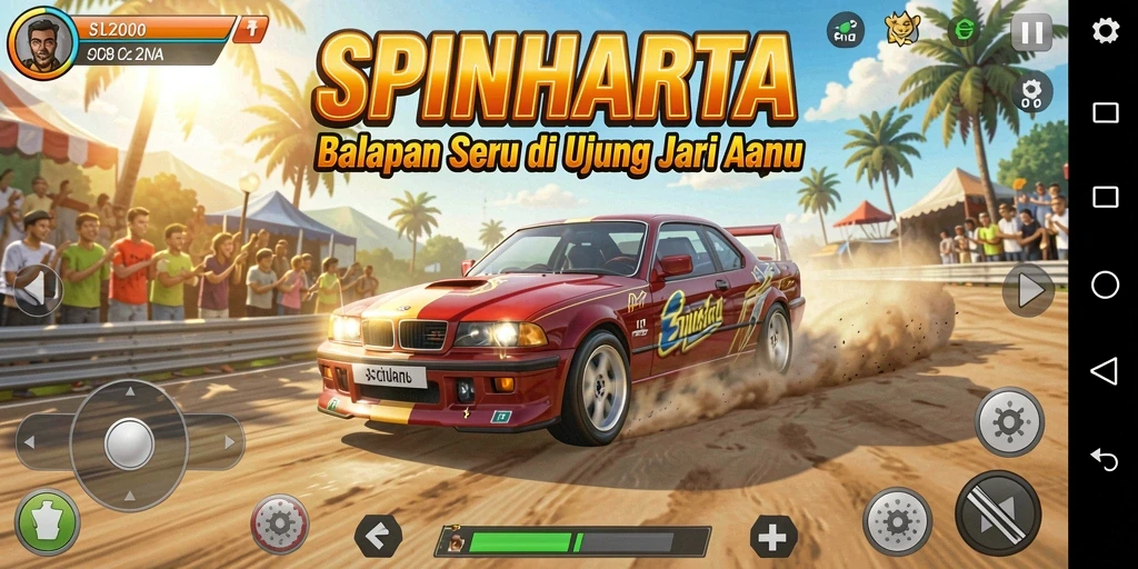 Screenshot utama SPINHARTA menampilkan aksi balapan yang cepat dan mendebarkan.